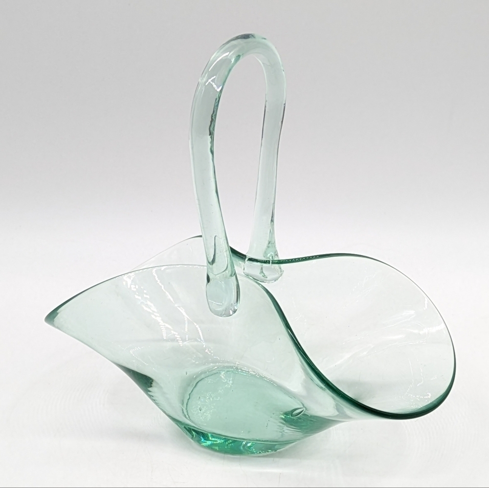 Vintage Green Pinched Glass Basket W Handle